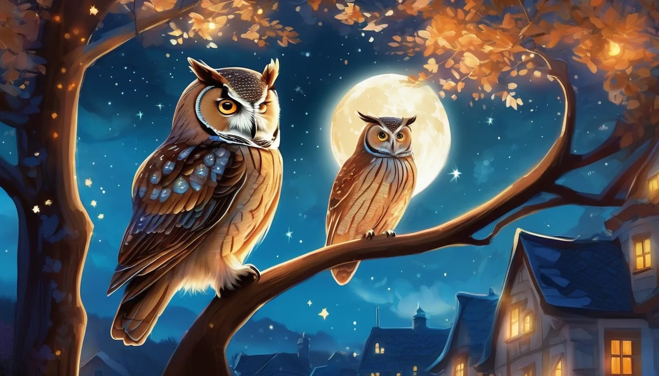 Two owls perched on a branch under a full moon, surrounded by glowing stars and a quiet village at night.