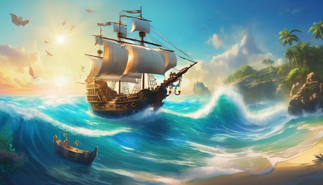 A joyful pirate ship on blue water with a magical wave and floating musical notes.
