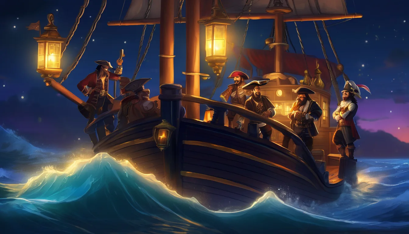 Pirate crew and animal friend around a glowing lantern on a ship at night.