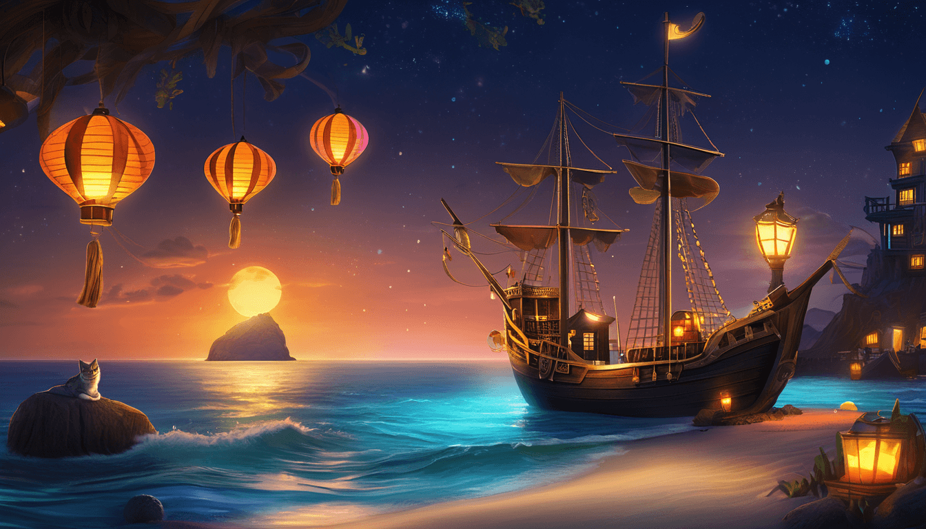 Striped orange cat on a dock watching a pirate ship at night, with glowing bottle and lanterns.