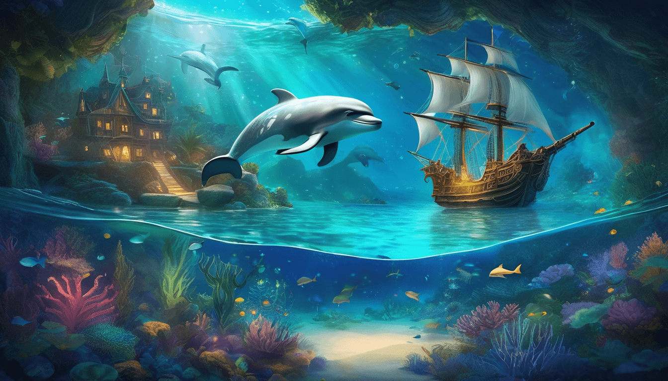 A pirate ship sails on a star-lit sea beside a giant sea creature and playful dolphins.