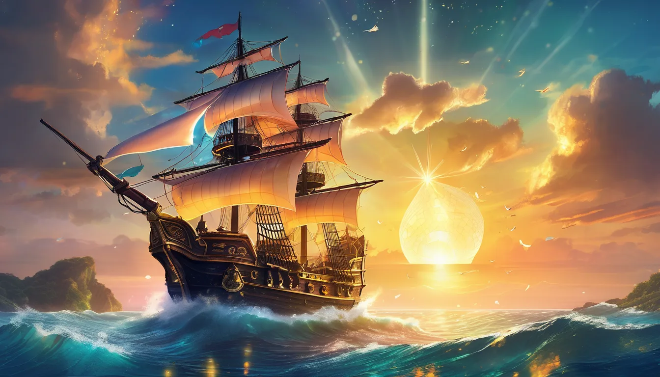 A pirate ship sails on a sparkling sea under a starry sky near a glowing island.