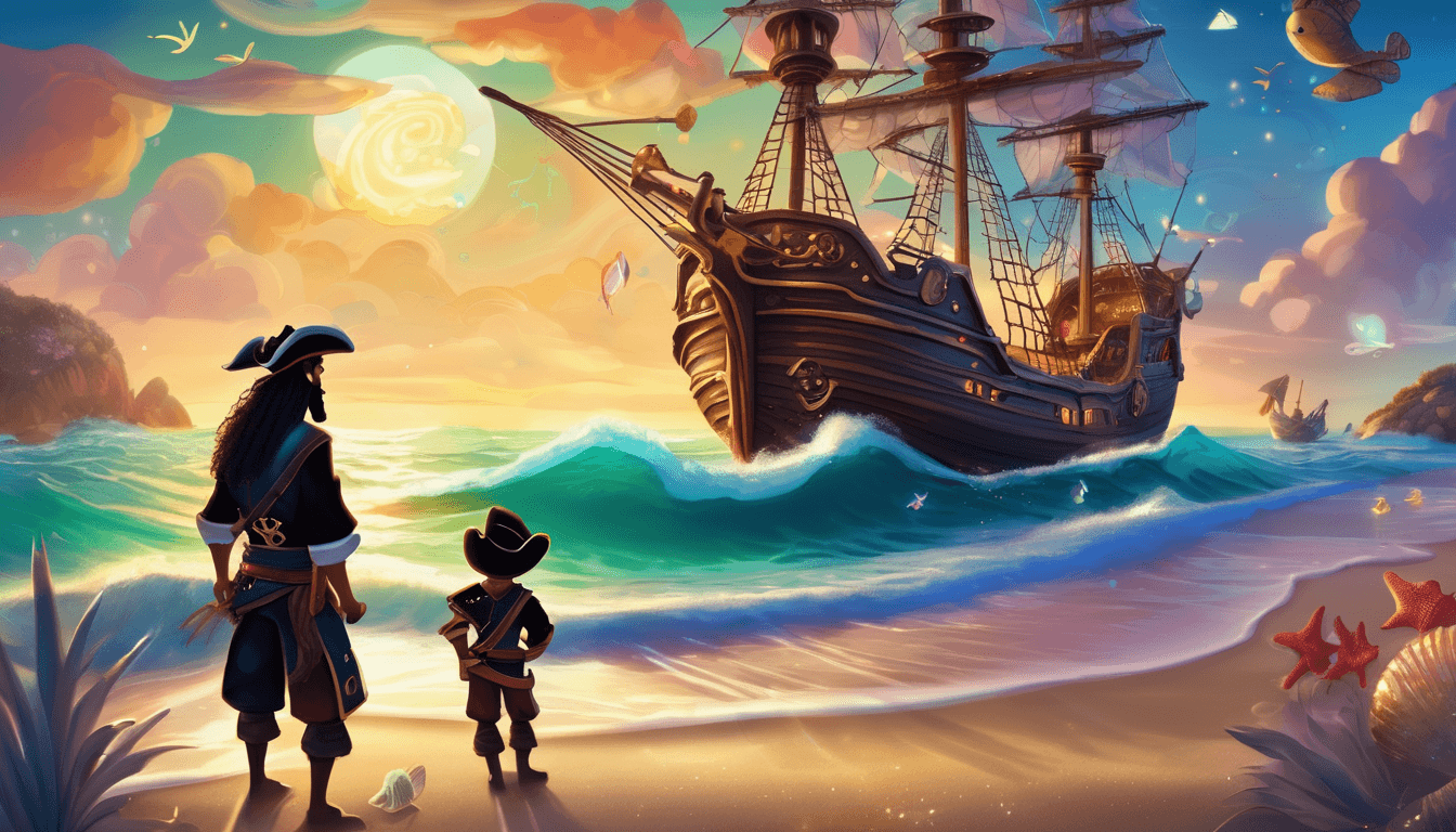 A cheerful pirate crew marvels at a glowing magical shell on a sandy shore under a starlit sky.