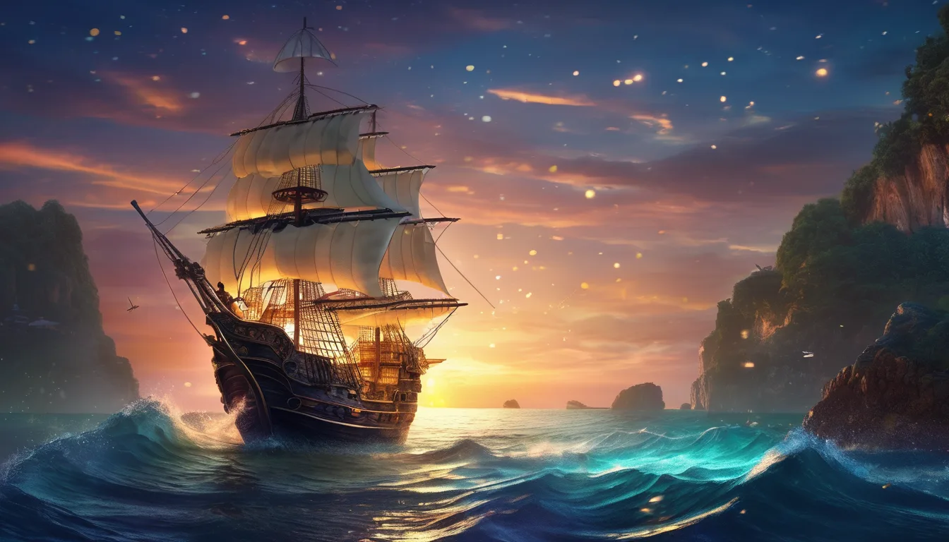 A pirate ship with striped sails on a magical sea at dusk, glowing bottle on deck.
