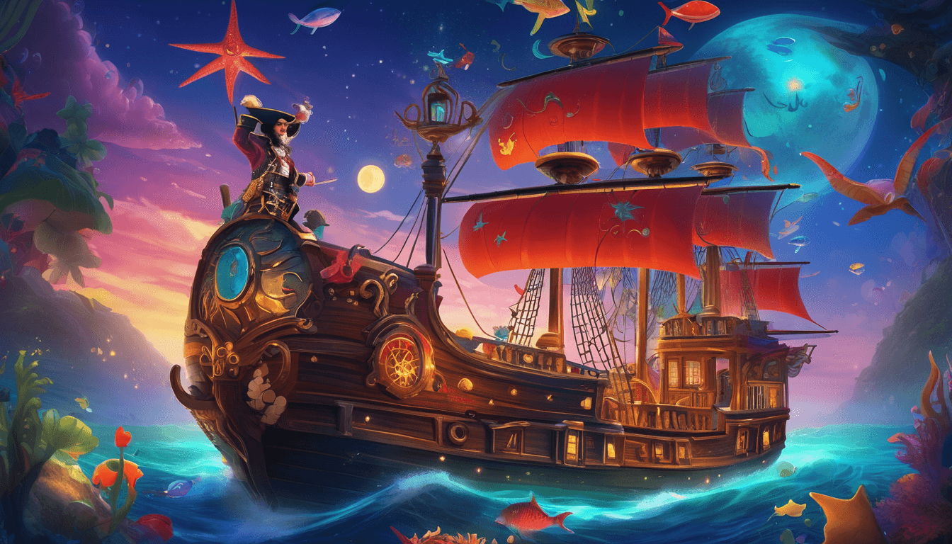 Cheerful pirate at ship’s helm with magical compass, crew, and sea creatures.
