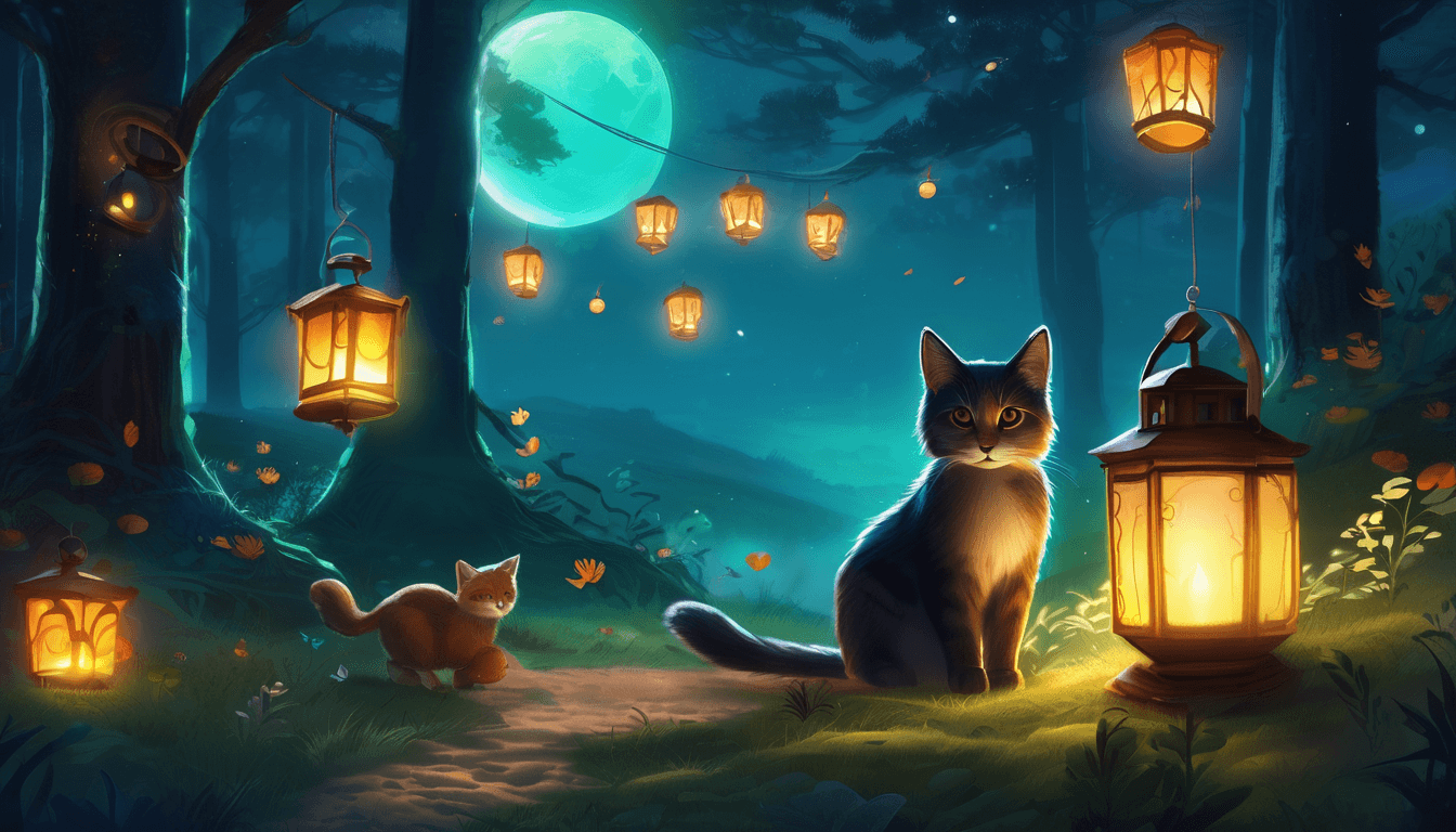 A cat follows glowing pawprints toward animals in costumes around lanterns in a moonlit forest.