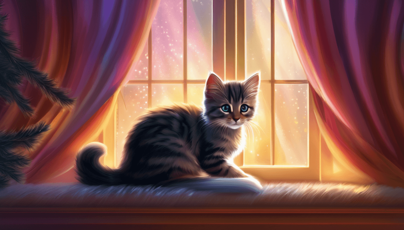 A fluffy kitten looks at a glowing spiral staircase behind a curtain in a cozy room.