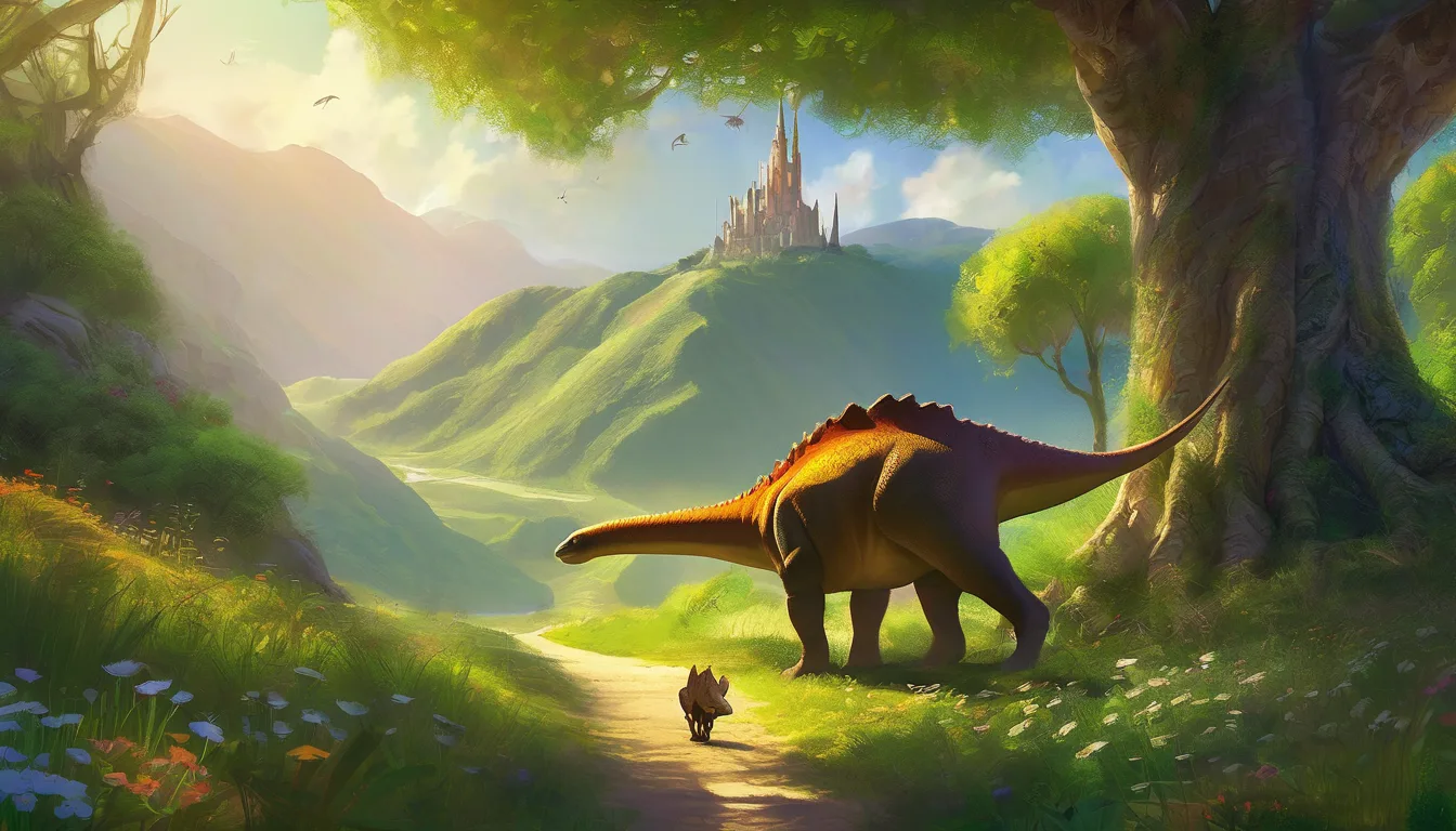 A dinosaur carries a shrew on its back in a sunny, flower-filled valley.