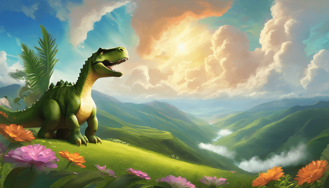 Cheerful dinosaur looking up at a smiling cloud in a sunlit, flower-filled valley.