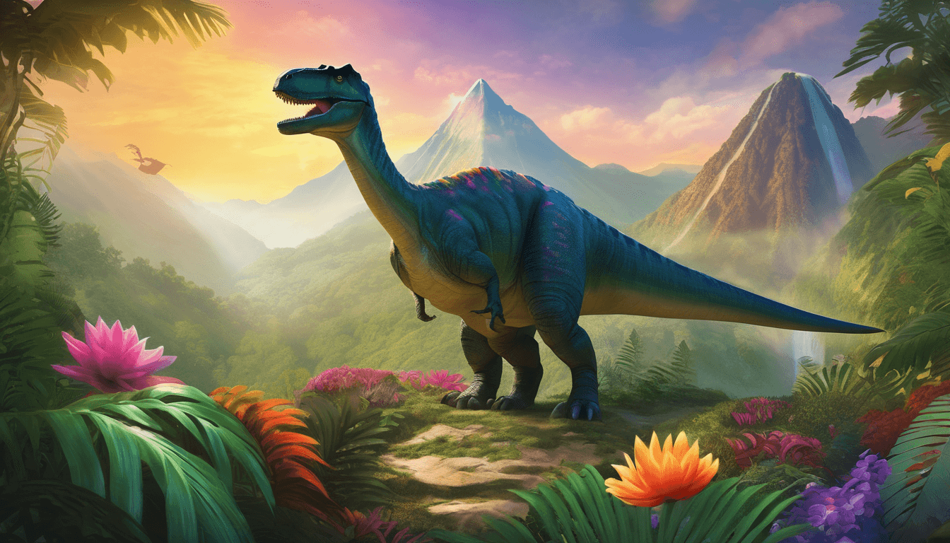 A happy dinosaur at a mountain base with other dinosaurs and lush plants.