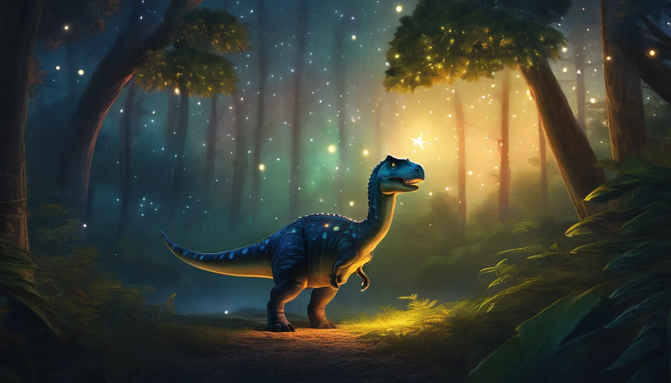 A gentle dinosaur in a glowing nighttime forest gazes at a floating star.