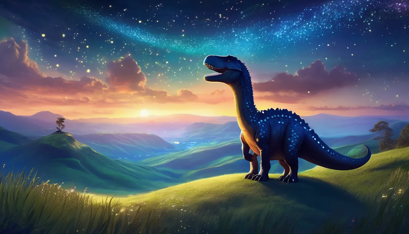 A gentle dinosaur on a grassy hill gazes at swirling, glowing stars under a magical night sky.
