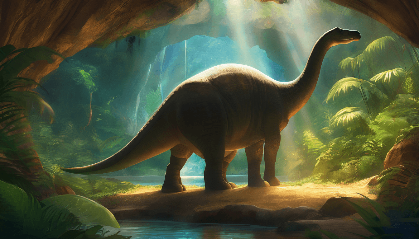 A gentle Apatosaurus at a glowing cave entrance, with other dinosaurs watching and musical notes in the air.