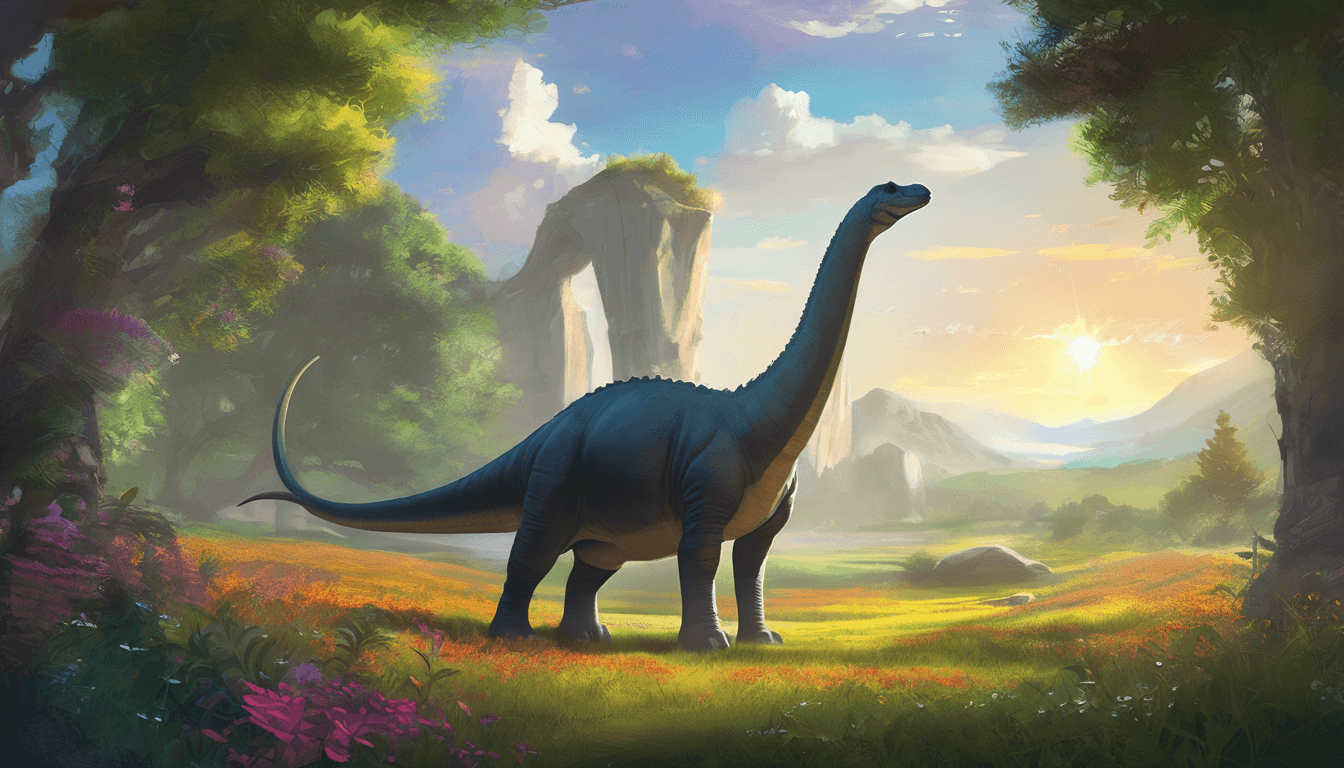 Diplodocus in a sunlit meadow, gazing at a mysterious stone among wildflowers and prehistoric creatures.
