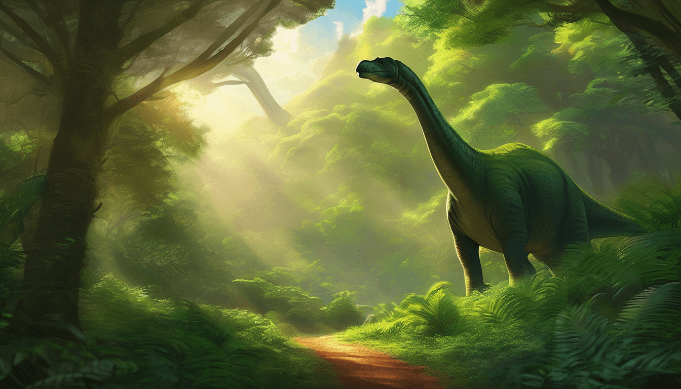 A gentle diplodocus tiptoes through a sunlit forest, watched by small animals.