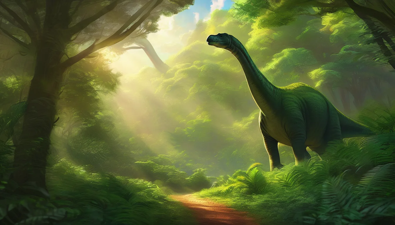 A gentle diplodocus tiptoes through a sunlit forest, watched by small animals.