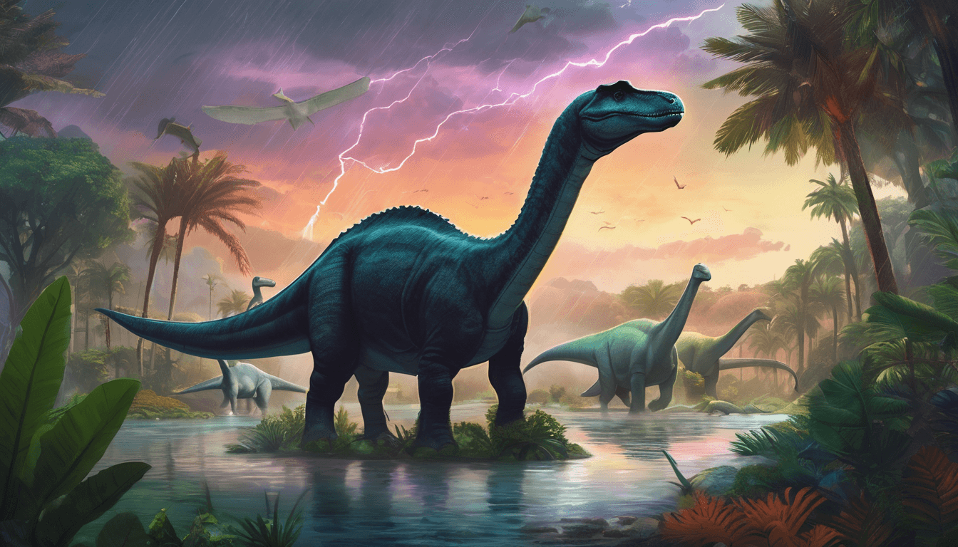 A calm diplodocus stands among dinosaurs in a rainy prehistoric landscape.