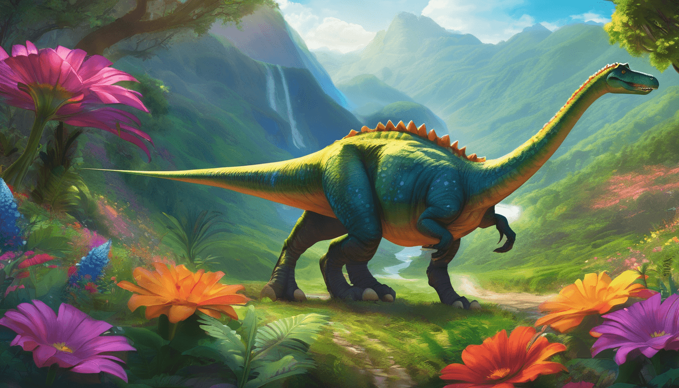 A dinosaur walking through a valley with colorful flowers blooming in its path.