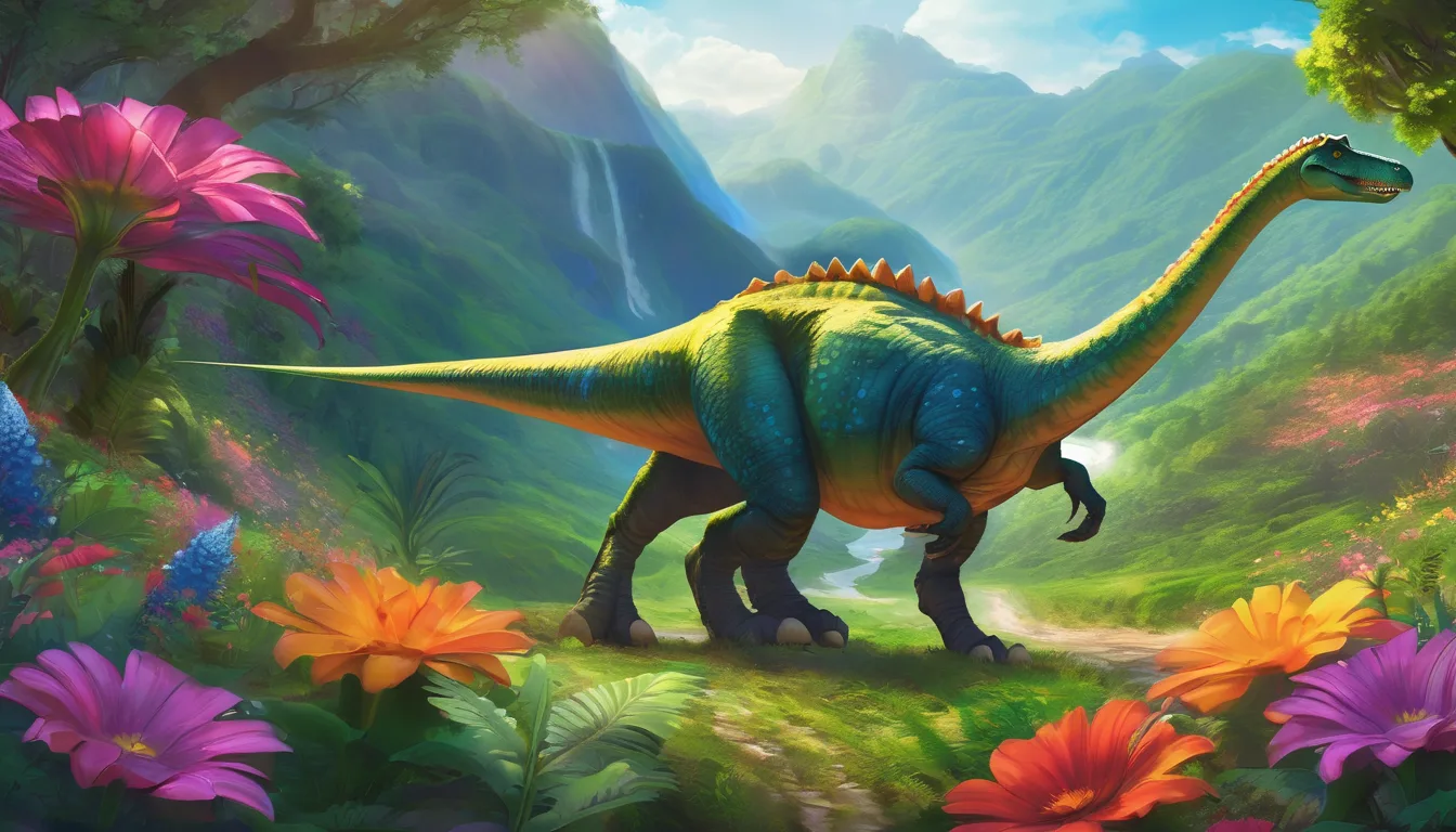 A dinosaur walking through a valley with colorful flowers blooming in its path.