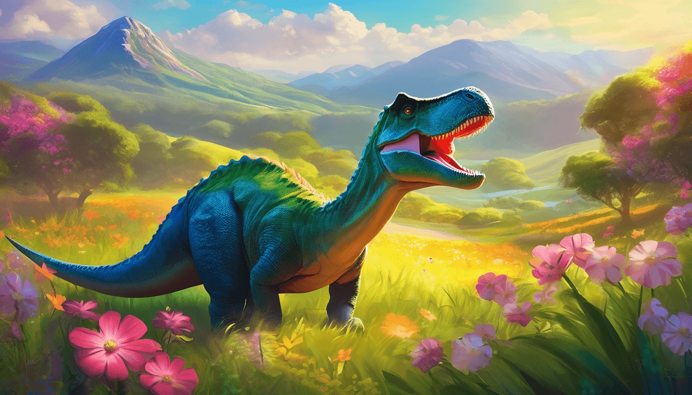 A gentle dinosaur glowing in a sunny meadow, surrounded by cuddling animals and blooming flowers.