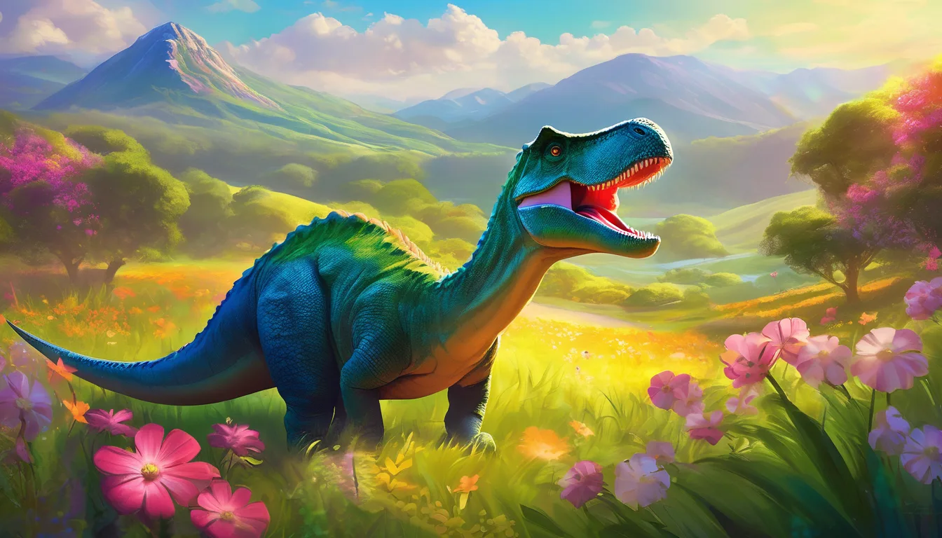 A gentle dinosaur glowing in a sunny meadow, surrounded by cuddling animals and blooming flowers.