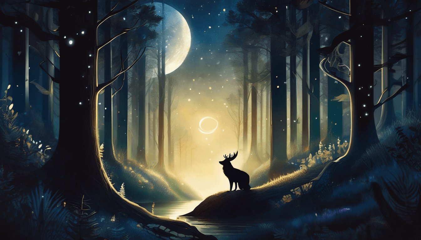 A silhouette of a deer stands by a shimmering river in a moonlit forest, surrounded by trees under a starry sky.