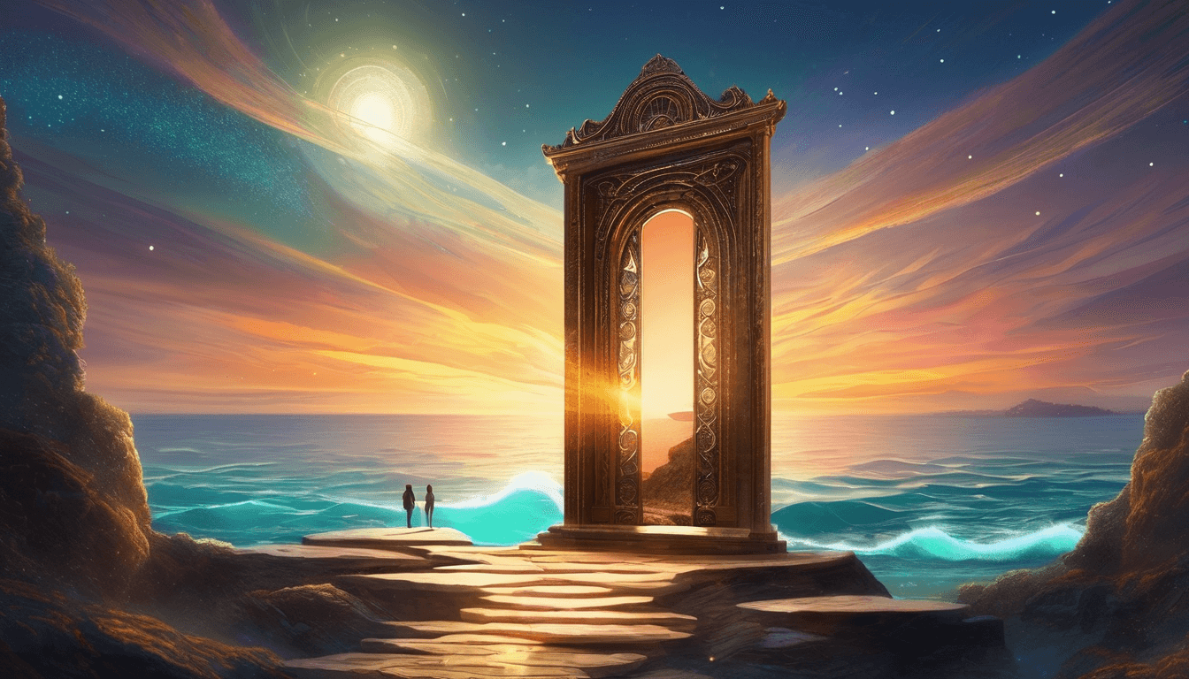 A mystical archway stands on a coastal cliff at sunset, with two figures gazing toward the horizon and vibrant colors illuminating the sky.