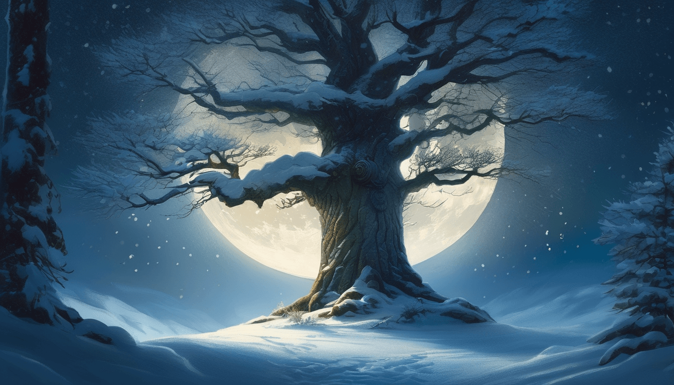 A solitary, bare tree stands amidst a snowy landscape, illuminated by a large, glowing moon against a starry night sky.