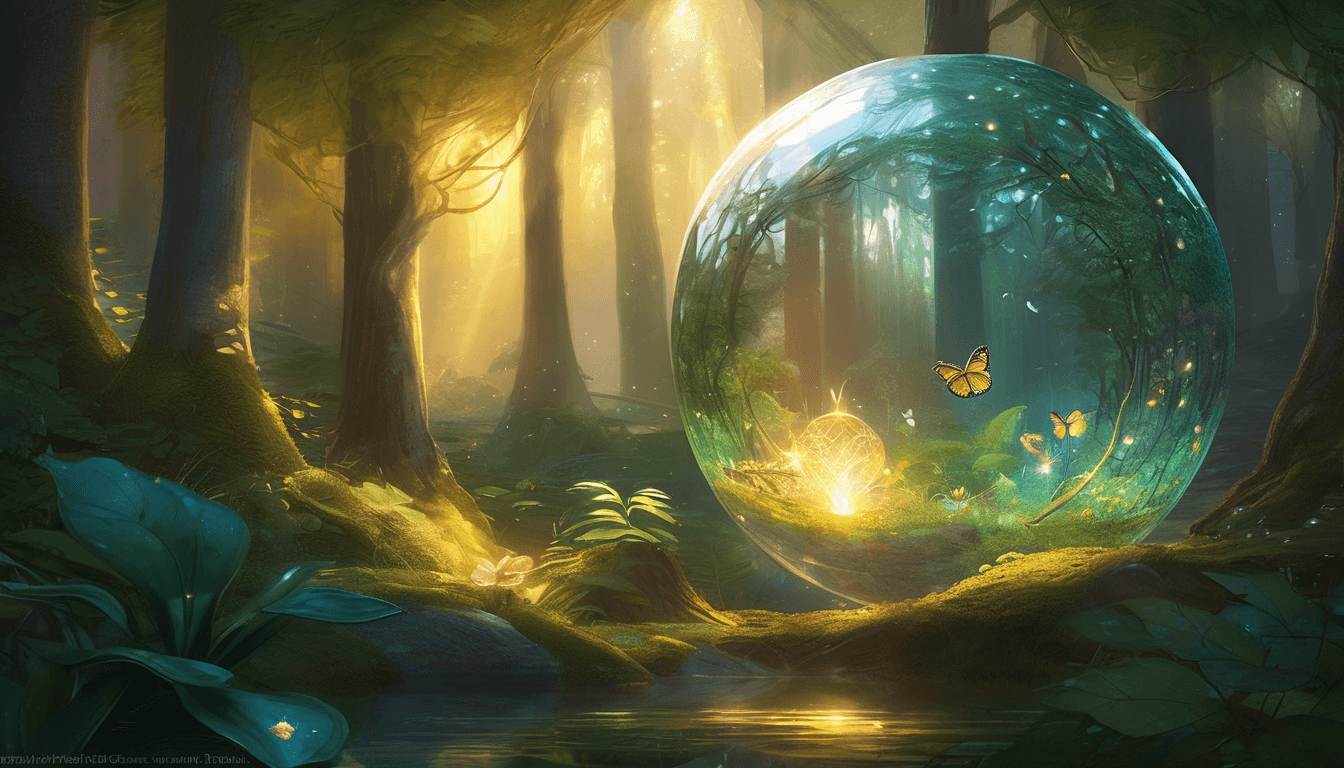 A glowing crystal orb lights up an enchanted forest with animals gathered around.