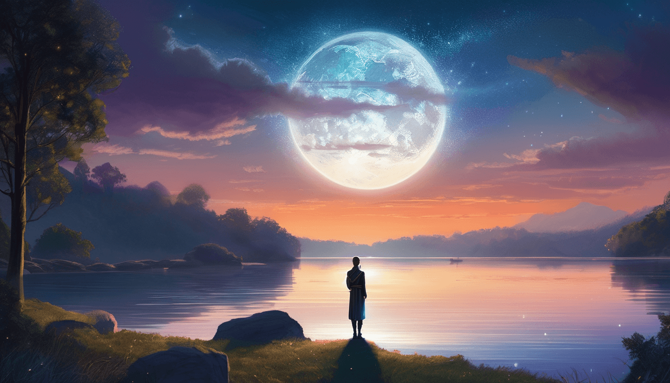 A silhouette of a person standing by a tranquil lake under a large, luminous moon, with colorful sunset hues and clouds in the background.