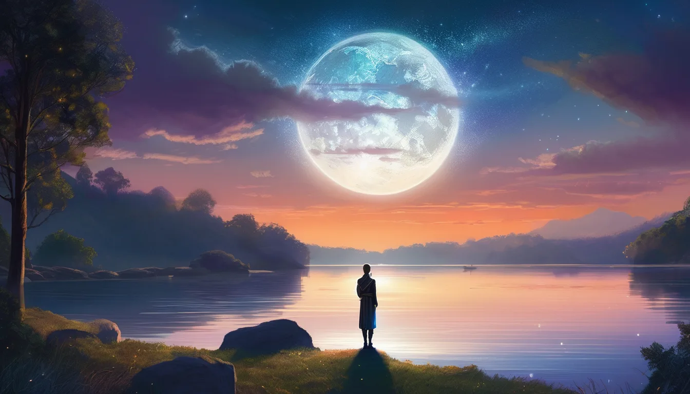 A silhouette of a person standing by a tranquil lake under a large, luminous moon, with colorful sunset hues and clouds in the background.