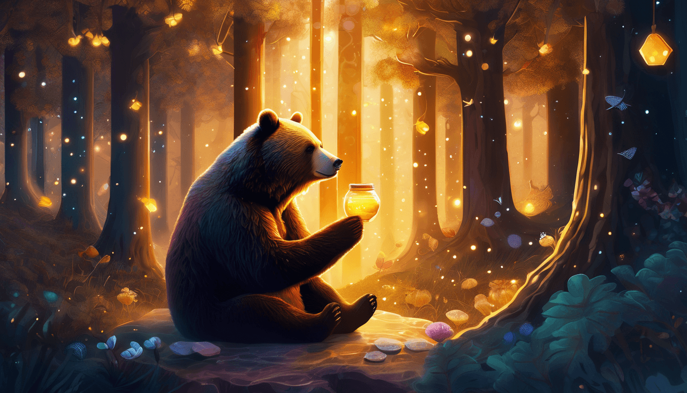 A cozy bear sitting in a magical forest, holding a jar of honey with glowing lanterns and sparkling lights in the background.