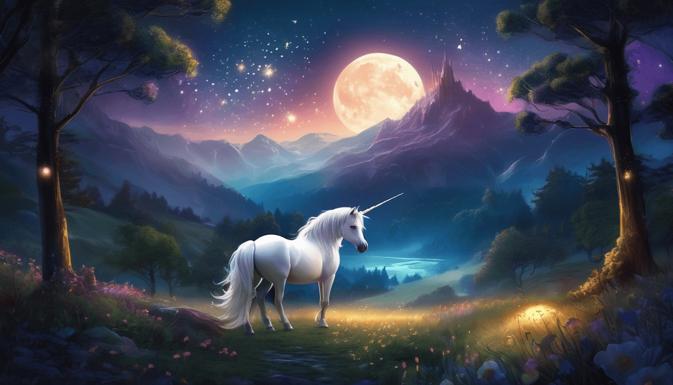 A glowing unicorn and star creature in a moonlit valley with fireflies and woodland animals.