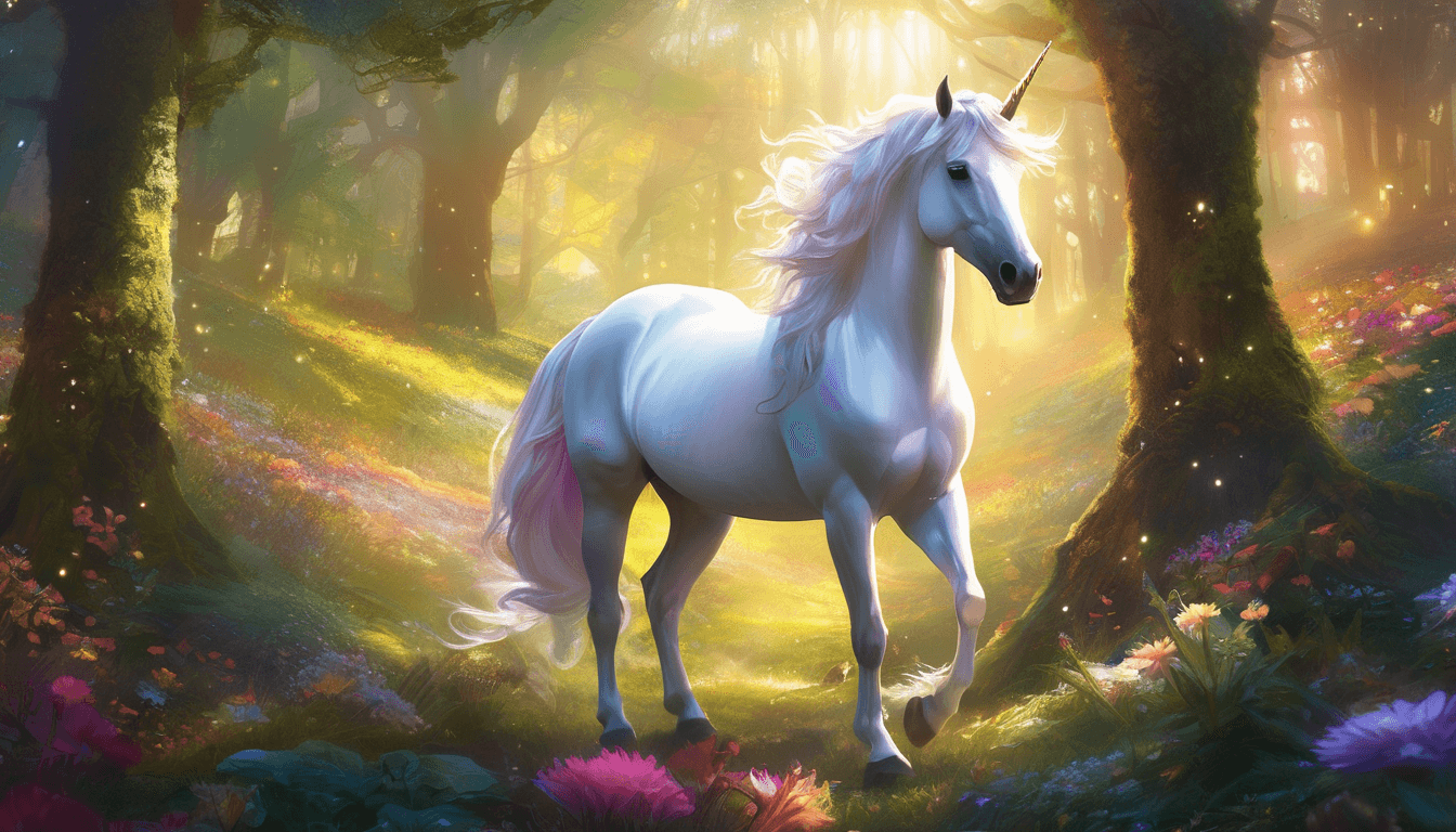 A unicorn with a glowing horn in a sunny forest clearing, surrounded by happy animals and flowers.