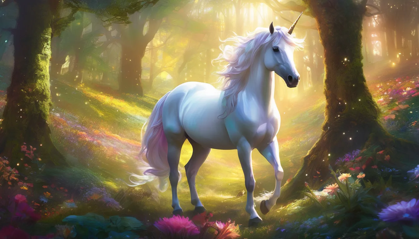 A unicorn with a glowing horn in a sunny forest clearing, surrounded by happy animals and flowers.