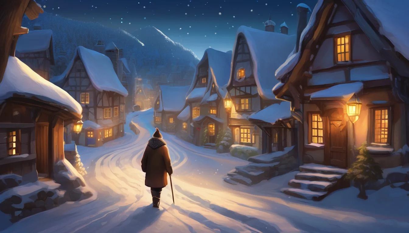 Smiling person walks through snowy village at night with glowing light and a wise owl.