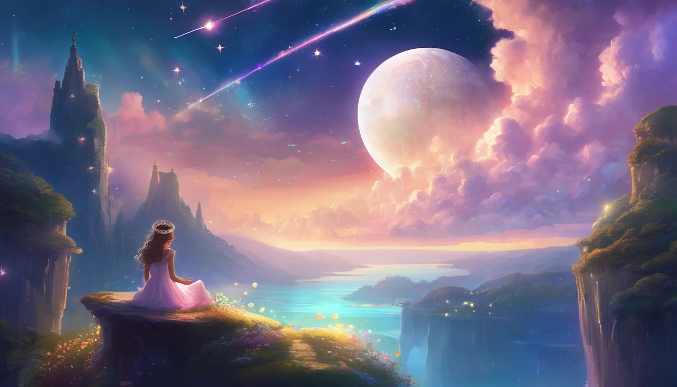 A crowned girl rides a glowing comet through a starry night sky above floating islands.