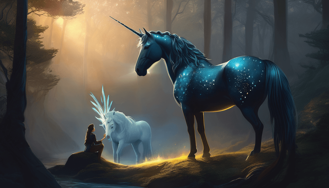 A mystical forest scene featuring a majestic unicorn with a starry coat and a serene white unicorn, as a figure kneels nearby, illuminated by soft golden light.