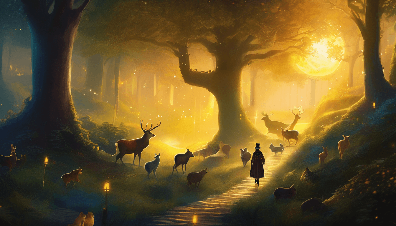 A royal figure leaves glowing footprints in a moonlit forest, followed by animals and villagers.