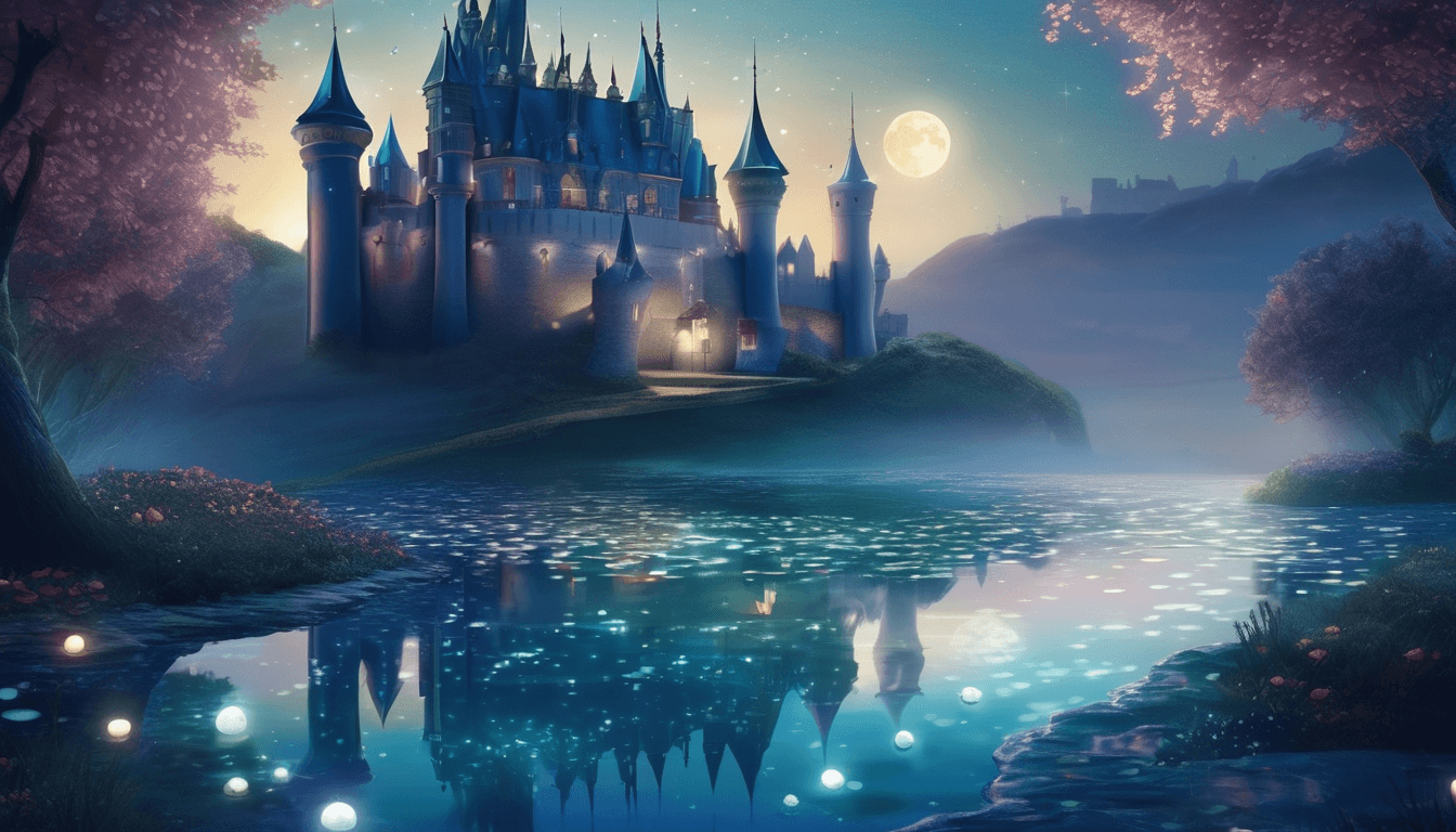 A dreamy castle surrounded by a serene lake, softly illuminated by a full moon and shimmering lights, with pink trees in the foreground and a tranquil landscape in the background.