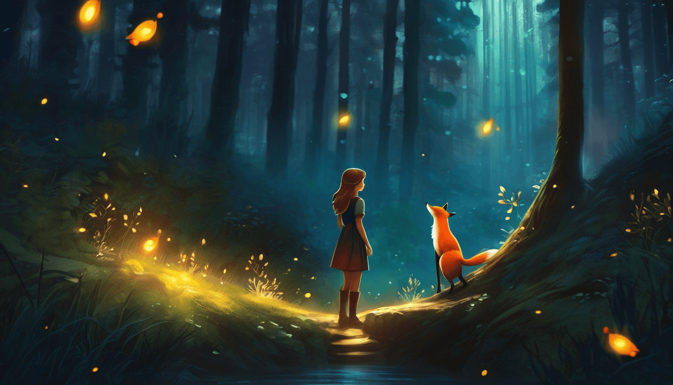A girl in a blue dress stands in a mystical forest, facing a curious orange fox, surrounded by floating lights and beams of sunlight filtering through the trees.