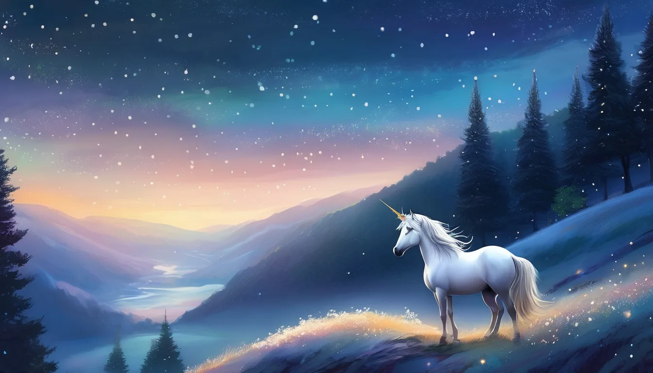A majestic white unicorn stands on a hillside at dusk, surrounded by pine trees and a starry sky, with soft pastel colors illuminating the horizon.