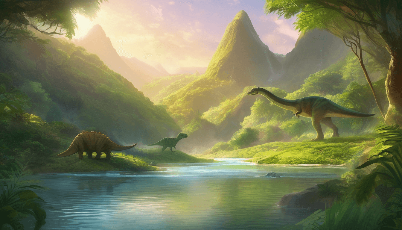 A serene prehistoric landscape featuring a river, lush greenery, and three dinosaurs, with mountains in the background illuminated by soft sunlight.