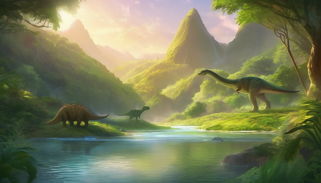 A serene prehistoric landscape featuring a river, lush greenery, and three dinosaurs, with mountains in the background illuminated by soft sunlight.