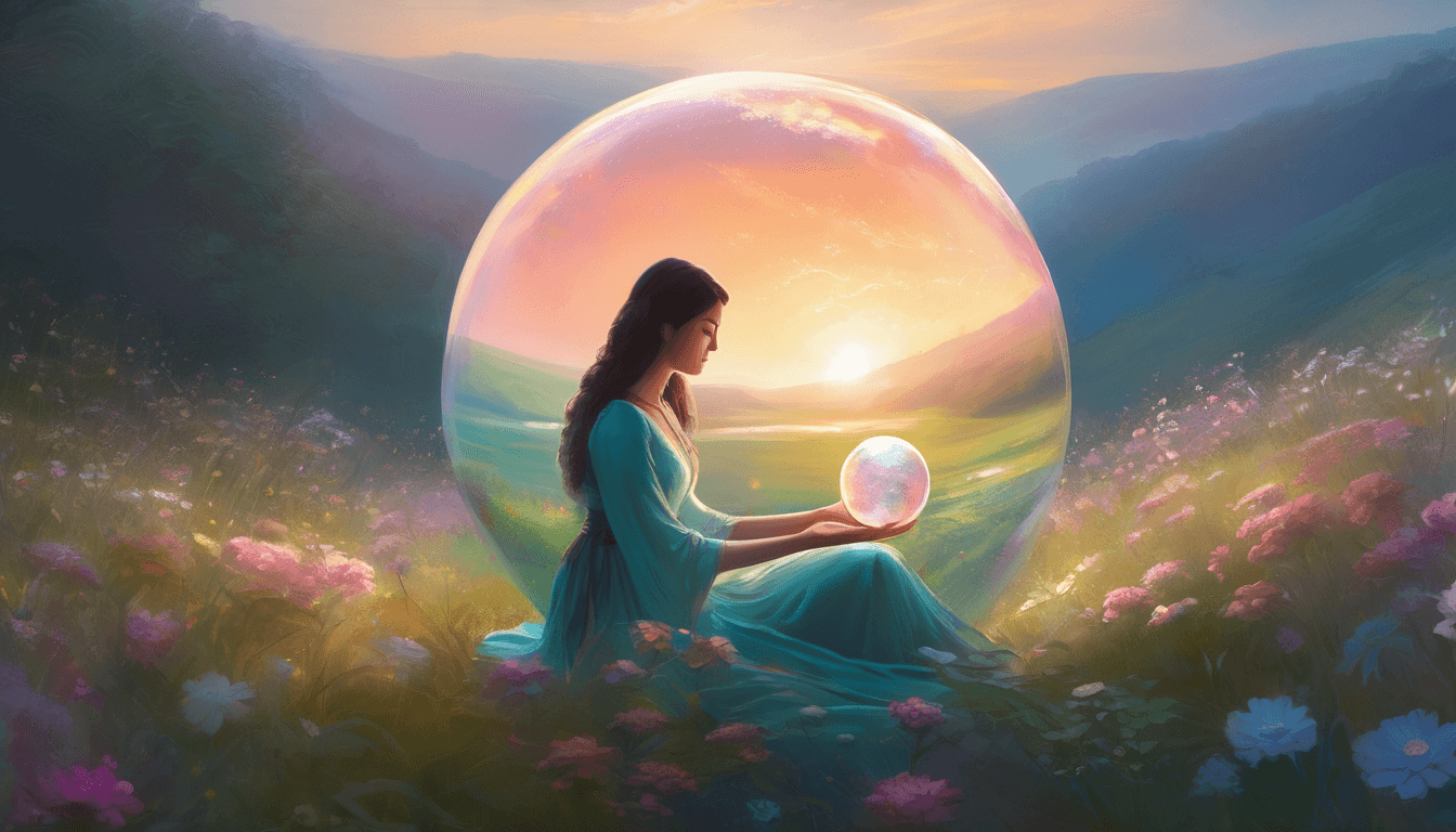 A serene woman in a flowing dress sits inside a glowing bubble, holding a crystal ball, surrounded by a vibrant meadow and distant mountains at sunset.