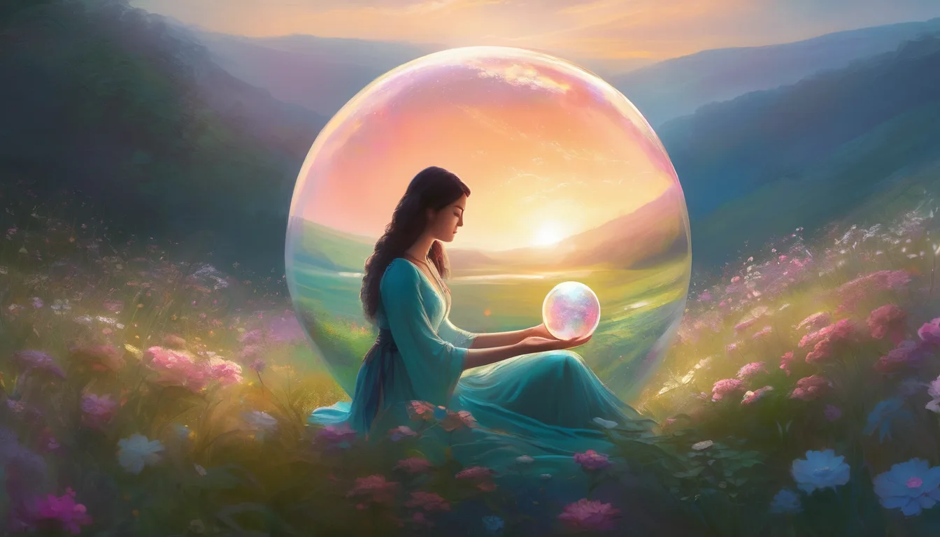 A serene woman in a flowing dress sits inside a glowing bubble, holding a crystal ball, surrounded by a vibrant meadow and distant mountains at sunset.