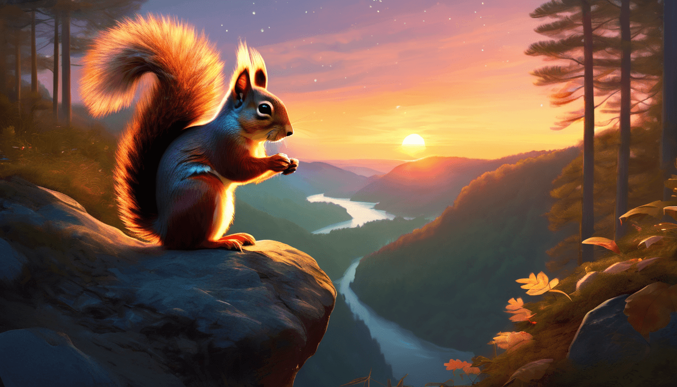 A colorful sunset over a river, with a squirrel perched on a rock, surrounded by trees.