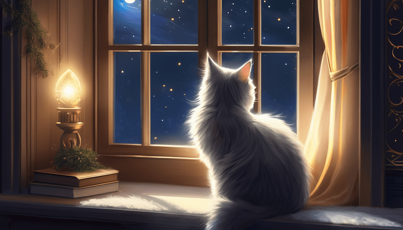 A fluffy white cat gazes out of a window at a starry night sky, illuminated by a soft lamp beside it.