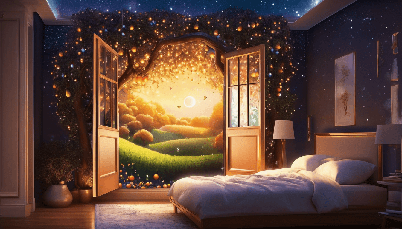 A serene bedroom with a bed, illuminated by warm sunlight streaming through open double doors revealing a picturesque landscape of rolling hills and trees beyond.