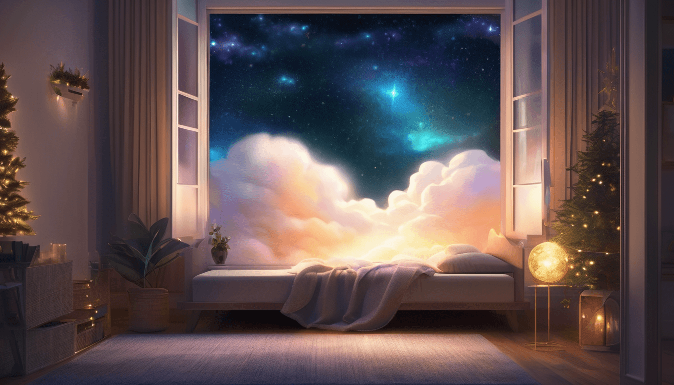 A cozy bedroom with a bed, soft blankets, and decorative plants, featuring a large window that opens to a dreamy night sky filled with stars and clouds.